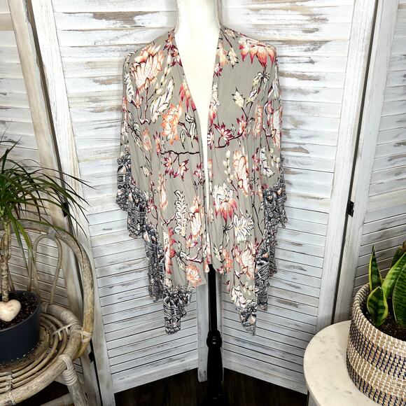 ANGIE Women's Sm Open Front Kimono Top Floral Ruffle Tim Taupe Coral Oversized - Picture 14 of 16